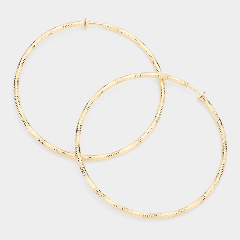 Gold Clip On Hoop Earrings 3.2 Inch Casual Simple Style Textured Jewelry ClipOn